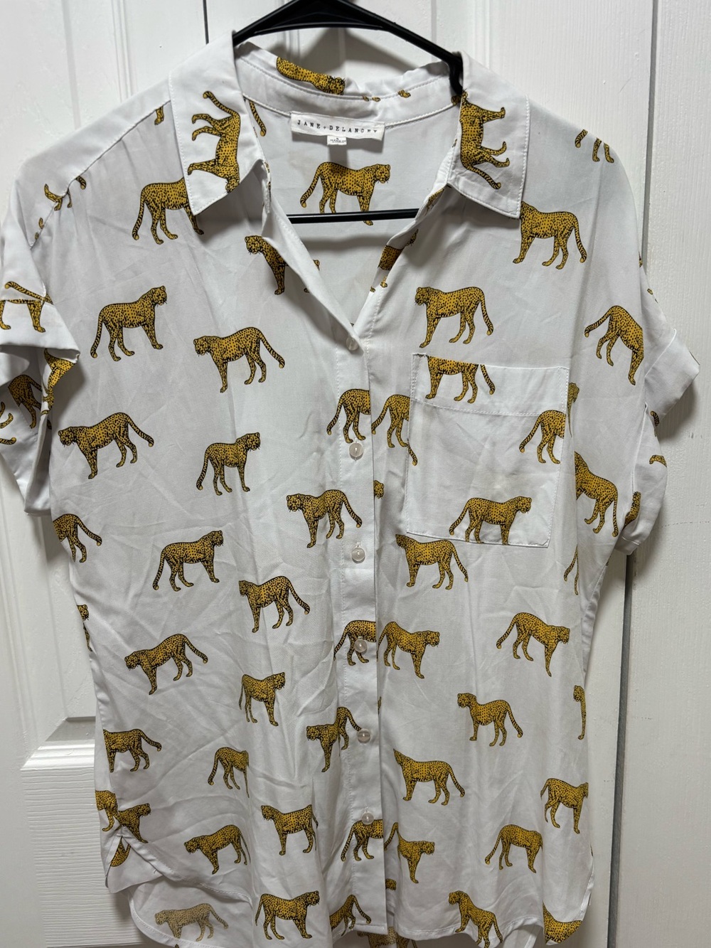 Jane and Delancey White Button-Down Shirt with Gold Cheetah Print
